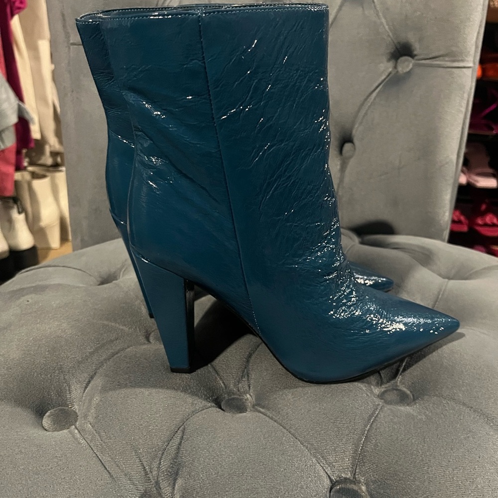 Teal patent crinkle boots